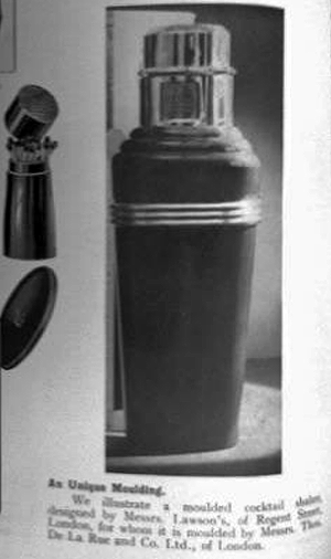 Black and white photograph of an old magazine page showing a cocktail shaker.